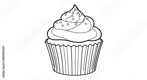 A black and white line art drawing of a delicious cupcake with swirled frosting and sprinkles in a paper liner for coloring.