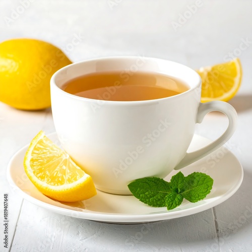 Refreshing herbal tea cup with lemon and mint garnish