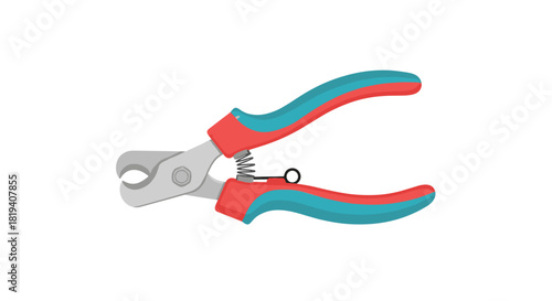 A simple flat vector illustration of pet nail clippers with red and blue handles for grooming dogs and cats at home.