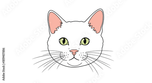 A simple colored line drawing of a beautiful white cat's face with stunning green eyes and long whiskers on white.
