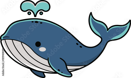 Cute blue whale spouting water vector illustration kawaii ocean animal design