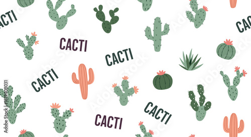 A fun and seamless pattern featuring various types of cartoon cacti and succulents with the word CACTI on a white background.