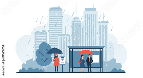 Urban scene on a rainy day with people holding umbrellas and waiting at a bus stop against a backdrop of city skyscrapers.