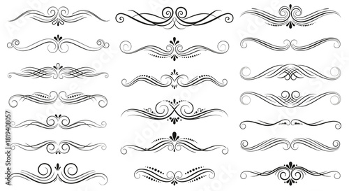 Elegant collection of symmetrical black and white vector scroll dividers and ornate flourishes perfect for graphic design and typography.