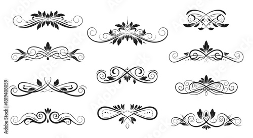 Set of elegant black and white floral ornamental dividers and calligraphic flourishes for decorative design.