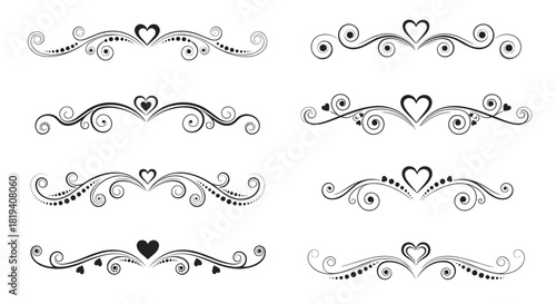 Elegant black and white vector dividers with heart shapes and ornate scrollwork, perfect for romantic invitations, wedding designs, or decorative accents.