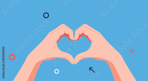 An illustration of two hands coming together to form a heart shape symbol of love and friendship on a blue background.
