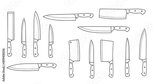 A diverse collection of outlined kitchen knives in various styles and sizes, presented as a black and white line drawing for culinary design.