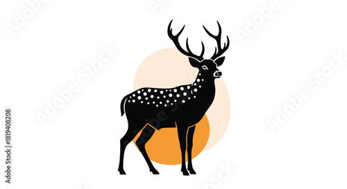 A majestic black silhouette of a spotted deer with prominent antlers stands gracefully against a minimalist orange circle background.