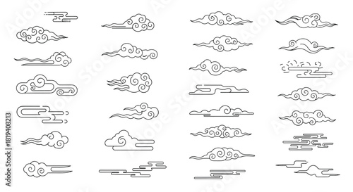Vector illustration set featuring various traditional Chinese and Asian style auspicious cloud motifs with elegant swirling outlines.