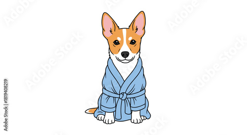 A cute cartoon dog with a brown and white coat sits happily in a cozy blue bathrobe, looking friendly and isolated on a white background.