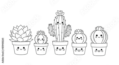Cute cartoon succulent and a variety of happy cacti in decorative pots, rendered as black and white line art, perfect for kids' coloring.
