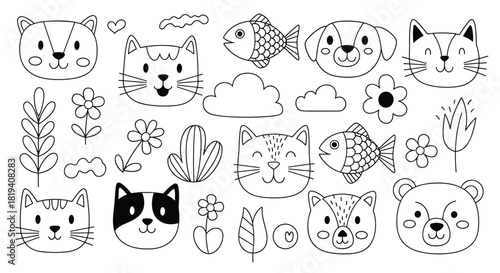 Cute hand-drawn doodle animal faces and nature elements in a simple black and white line art style for kids' designs and prints.