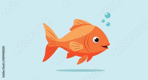 A cheerful cartoon goldfish swims happily in light blue water, depicted in a simple and friendly illustration style, with small bubbles rising.