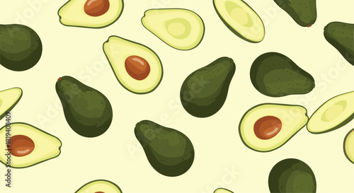 A seamless pattern of whole and halved cartoon avocados with pits scattered on a light yellow background for textiles.