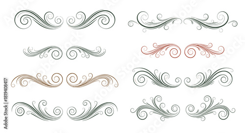 Elegant vintage scroll and swirl design elements with a distressed texture, suitable for decorative accents.