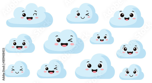 A charming assortment of cartoon clouds with delightful expressions like smiles and winks, perfect for joyful and playful themes.