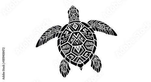 A black and white tribal style illustration of a sea turtle with intricate geometric patterns on its shell and flippers, swimming gracefully.
