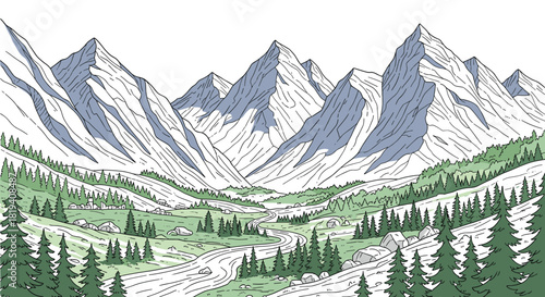 An illustrated serene alpine landscape with majestic snow-capped mountains, a winding river, and a tranquil village in a green valley.