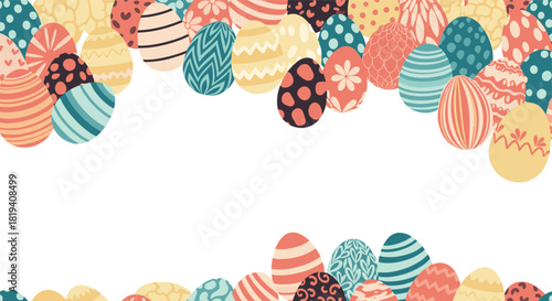A festive border frame made of colorful decorated Easter eggs with various patterns at the top and bottom of the page.