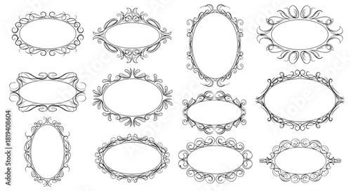 Elegant assortment of hand-drawn vintage decorative frames, including various oval and ornamental shapes with intricate scrollwork, ideal for classic designs.