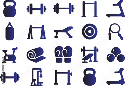 Collection of fitness equipment icons isolated on white background for gym workout