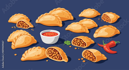 A delicious-looking collection of golden brown baked empanadas with savory fillings some cut open with a dipping sauce.