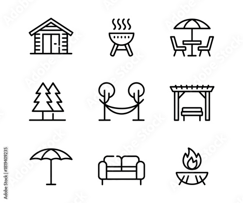 A collection of outdoor leisure and recreation icons, including a cabin, grill, and seating.