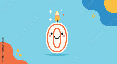 A cute kawaii birthday candle in the shape of the number zero with a smiling face and a lit flame on top illustration.