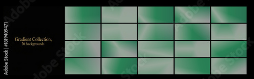 A collection of gradients, deep tones from light to dark green, abstract backgrounds. Green gradient for album covers. Calm photo collages with a green gradient.