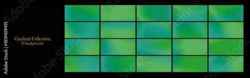 A collection of gradients, deep tones from light to dark green, abstract backgrounds. Green gradient for album covers. Calm photo collages with a green gradient.