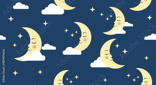 A sweet and seamless repeating pattern of a sleeping crescent moon character with clouds and stars on a dark night sky.