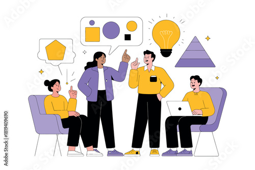 A diverse group of colleagues collaborate and brainstorm ideas in a modern office setting, illuminated by a bright lightbulb.