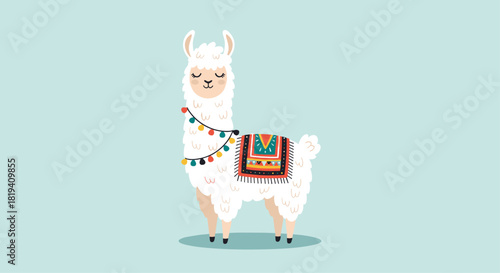 An adorable cartoon llama with closed eyes wearing a decorative blanket and colorful pom-poms on a light blue background.