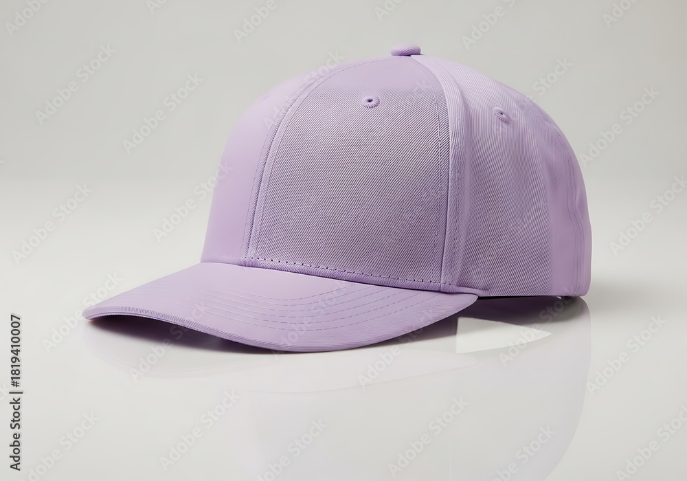 Fototapeta premium Minimalist lilac baseball cap on a reflective surface, studio shot