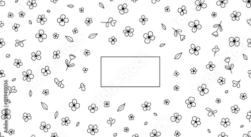 A hand-drawn doodle background of simple flowers and leaves with a blank rectangular frame in the center for text.