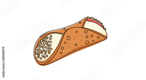 A colorful cartoon drawing of a single classic Italian cannoli pastry filled with cream and topped with small candies.