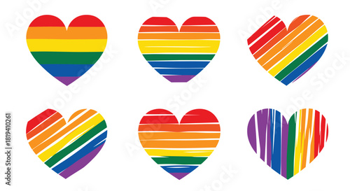A set of six heart shapes decorated with the colors of the rainbow pride flag in various sketched and striped styles.