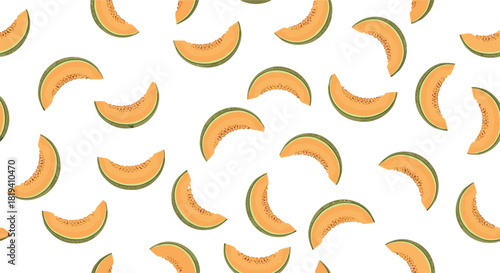 A seamless background pattern of scattered cantaloupe or melon slices on a clean white background for summer designs.