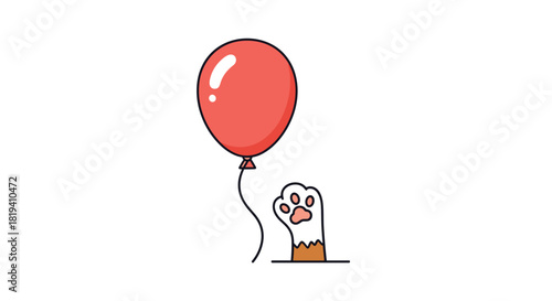 A cute and simple cartoon illustration of a cat's paw reaching out from a hole to play with a single red balloon.