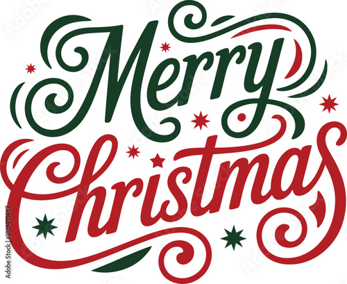 Merry christmas hand lettering design with decorative swirls and stars in classic red and green colors, holiday greeting