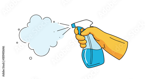 A cartoon illustration of a hand in a yellow rubber glove squeezing a spray bottle creating a cloud of mist design.
