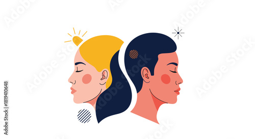 A modern flat illustration of the Gemini zodiac sign represented by the profiles of a woman and a man back-to-back.