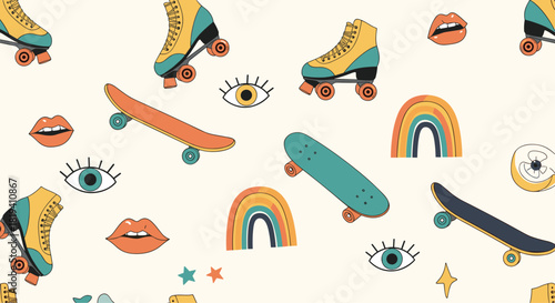 A seamless pattern of retro 70s and 80s themed stickers including roller skates skateboards rainbows and eyes background.