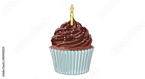 A delicious-looking colored drawing of a chocolate birthday cupcake with frosting sprinkles and a single lit candle on top.