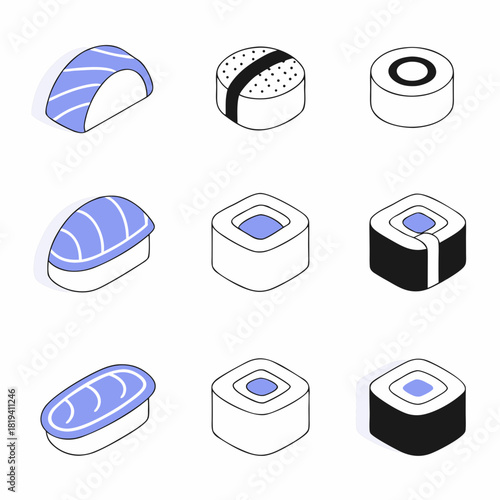 Isometric sushi icons set