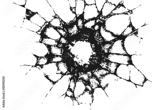 Bullet impact glass shatter vector texture. Vector realistic circular break and splintered fragments for background, design, visual effects.