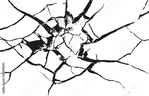 Bullet impact crack vector with detailed shatter lines and broken fragments. Abstract black burst texture. Vector realistic destruction and radial effect.