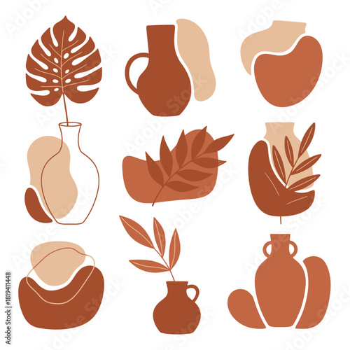 Boho abstract shapes and vases icon set