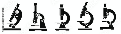 Simple line icons representing laboratory microscopes and scientific tools.